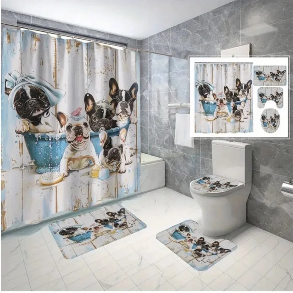 French Bulldog Boston Terrier 4-pc Bathroom Set + Hooks